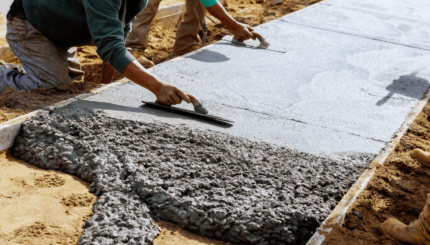 Using a trowel to finish a concrete sidewalk on a home near London, Ontario