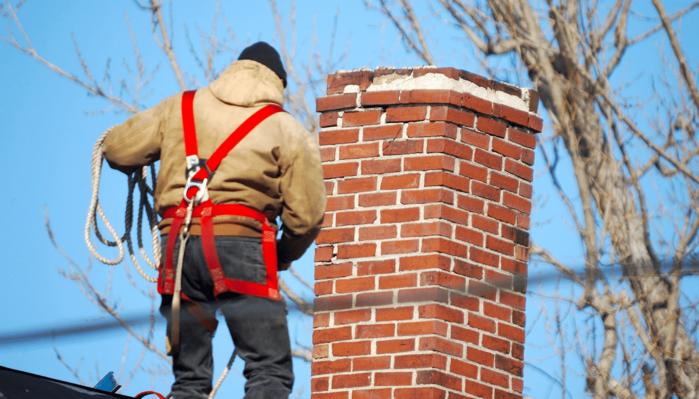 A man in a safety harness working on a chimney rebuild on a home in London, ON