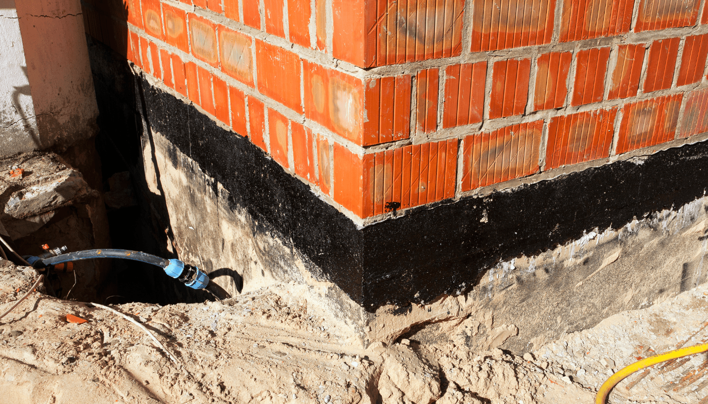 Foundation repair of the corner of a foundation on a red brick home in London, Ontario.